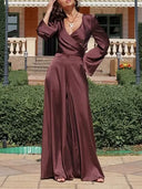 Elegant Satin Tie-neck Short Shirt With Trumpet Sleeves