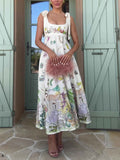 Exquisite Fantasy Floral Print Lace-up Maxi Dress