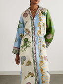 Unique Deep Sea Floral Print Single Breasted Midi Shirt Dress