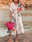 Casual Positioning Print Loose Resort Shirt Midi Dress
