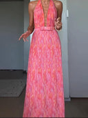 Elegant Halter V Neck Open Back Print Pleated Maxi Dress
