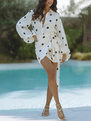 Casual Effortlessly Polka Dot Prints Balloon Sleeve Blouse and Wrap Tie-up Loose Mini Skirt Set