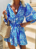 Fashion Stand Collar Shift Printed Resort Mini Dress