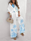 Unique Coconut Palm Print Linen Blend Oversized Shirt