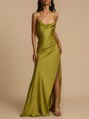 Elegant Satin Ruffled High Slit Maxi Dress