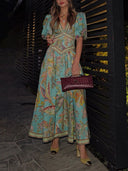 Unique Satin Vintage Floral Print Puff Sleeve Midi Dress