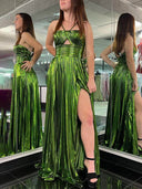 Elegant Queen Style Metallic Fabric Cross Neck Cutout Slit Pleated Maxi Dress