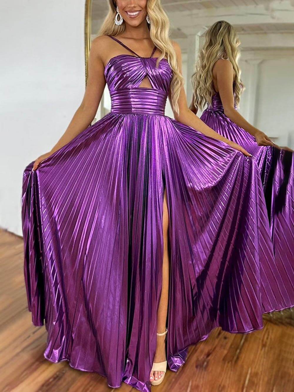 Elegant Queen Style Metallic Fabric Cross Neck Cutout Slit Pleated Maxi Dress