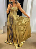 Elegant Queen Style Metallic Fabric Cross Neck Cutout Slit Pleated Maxi Dress