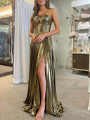 Elegant Queen Style Metallic Fabric Cross Neck Cutout Slit Pleated Maxi Dress