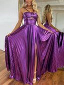 Elegant Queen Style Metallic Fabric Cross Neck Cutout Slit Pleated Maxi Dress