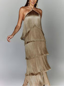 Fashionable Halter Neck Tassel Backless Slit Party Dress
