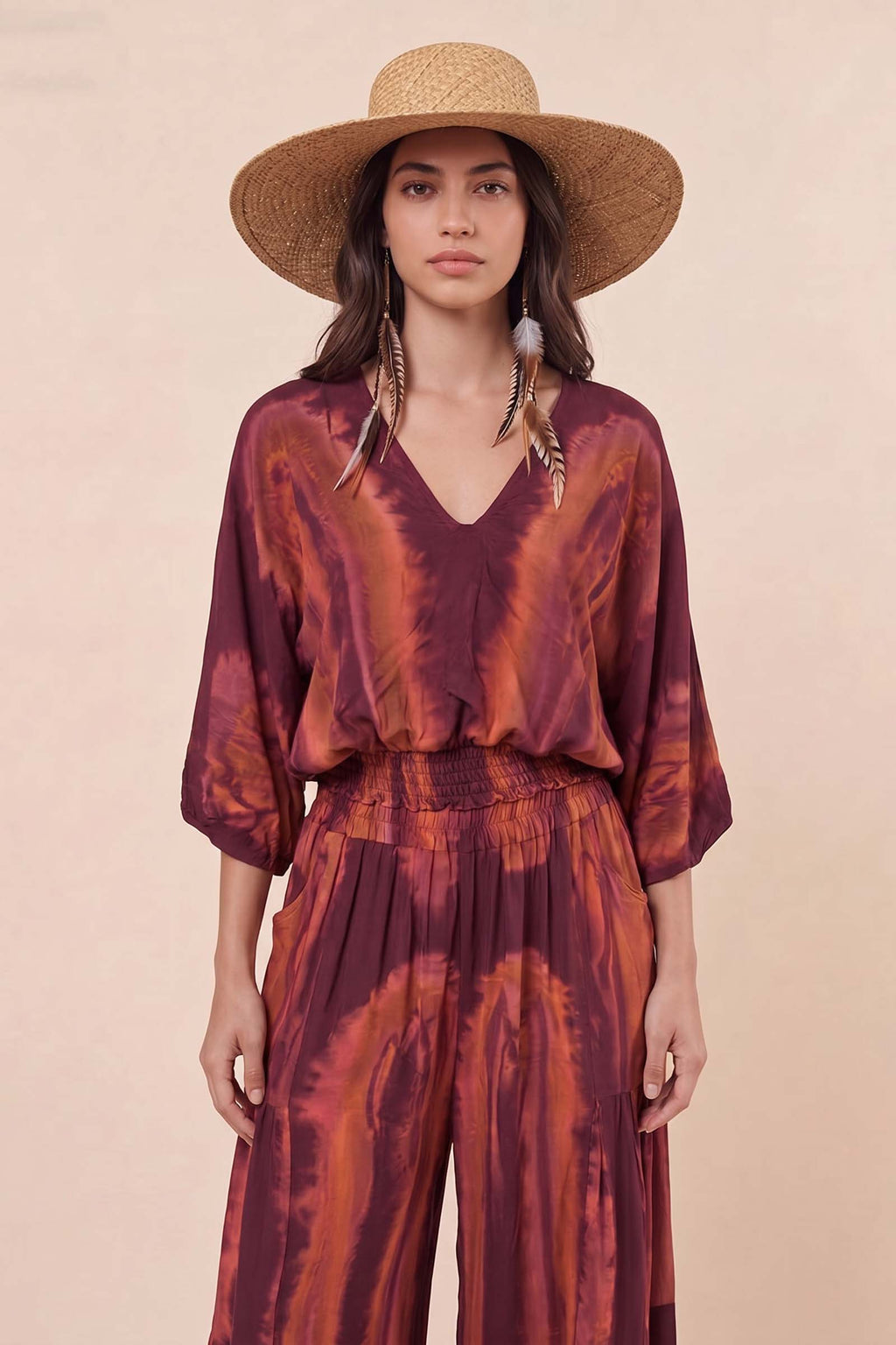 V-Neck Printed Top And Wide Leg Pants Set