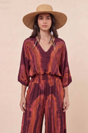 V-Neck Printed Top And Wide Leg Pants Set