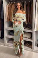 Printed Off-Shoulder Slit Maxi Dress