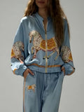 Exquisite Satin Horse Print Zip-Up Shirt
