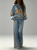 Exquisite Satin Horse Print Zip-Up Shirt