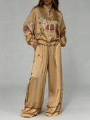Exquisite Satin Horse Print Wide-Leg Pants