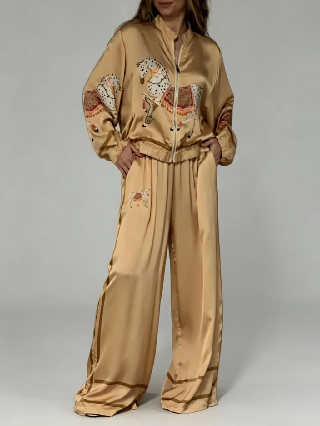 Exquisite Satin Horse Print Wide-Leg Pants