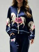 Exquisite Satin Horse Print Zip-Up Shirt