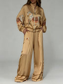 Exquisite Satin Horse Print Zip Jacket & Wide-Leg Pants Two-Piece Set