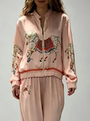 Exquisite Satin Horse Print Wide-Leg Pants