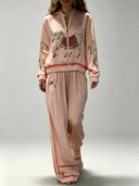Exquisite Satin Horse Print Zip-Up Shirt