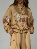 Exquisite Satin Horse Print Zip-Up Shirt