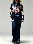 Exquisite Satin Horse Print Zip-Up Shirt