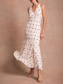 Elegant Polka Dot Ruffle Layered Chiffon Cape Maxi Dress