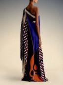 Elegant One-Shoulder Abstract Print Draped Maxi Dress