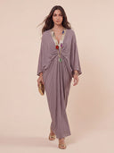 Casual V-Neck Twist Waist Batwing Sleeve Kaftan Maxi Dress