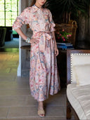 Exquisite Pastel Print Tie-Front Shirt Maxi Dress