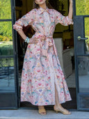 Exquisite Pastel Print Tie-Front Shirt Maxi Dress