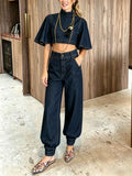 Modern Denim Cape Top & High-Waist Tapered Pants Two-Piece Set