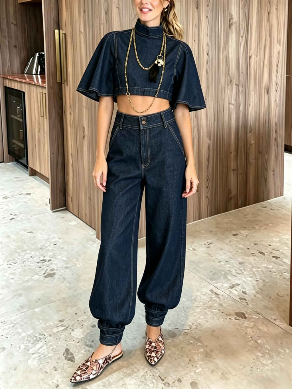 Modern Denim Cape Top & High-Waist Tapered Pants Two-Piece Set
