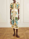 Exquisite Palm & Shell Print Button Front Midi Dress