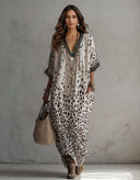 Bohemian Leopard Print V-Neck Batwing Sleeve Maxi Dress