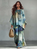 Exquisite Tie-Dye Print Batwing Sleeve Shirt & Pants Two-Piece Set