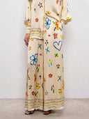 Unique Satin Hand-Painted Watercolor Print Lapel Button Shirt Two-Piece Set