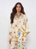 Unique Satin Hand-Painted Watercolor Print Lapel Button Shirt Two-Piece Set