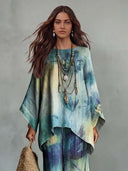Exquisite Tie-Dye Print Batwing Sleeve Shirt & Pants Two-Piece Set