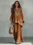 Casual Bohemian Floral Print Batwing Sleeve Shirt Two-Piece Set