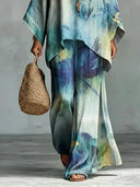 Exquisite Tie-Dye Print Batwing Sleeve Shirt & Pants Two-Piece Set