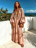 Casual Floral Embroidered Deep V Neck Puff Sleeve Maxi Dress