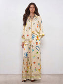 Unique Satin Hand-Painted Watercolor Print Lapel Button Shirt Two-Piece Set