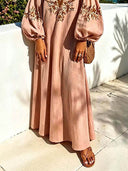 Casual Floral Embroidered Deep V Neck Puff Sleeve Maxi Dress