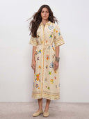 Elegant Hand-Painted Watercolor Print Shirt Midi Dress