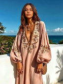Casual Floral Embroidered Deep V Neck Puff Sleeve Maxi Dress
