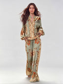 Retro Paisley Print Satin Two-Piece Set